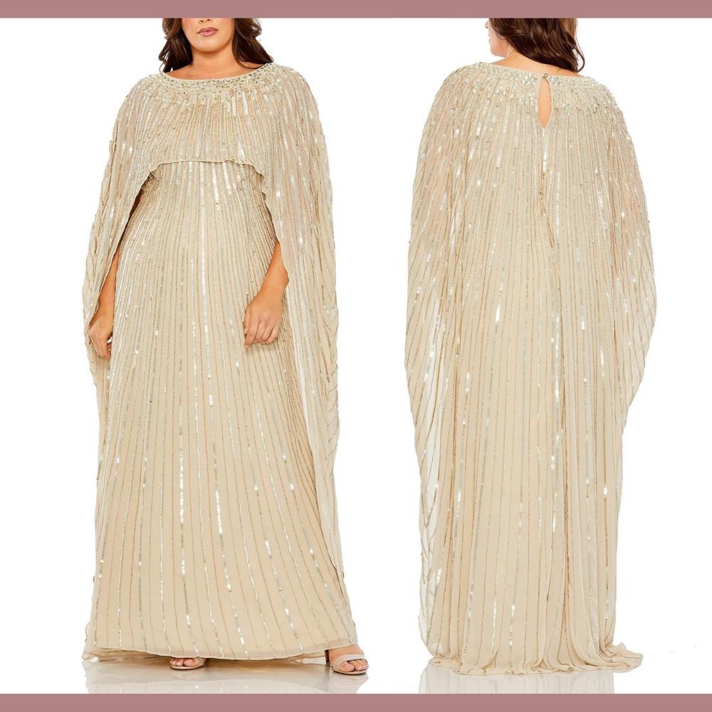 NWT $798‎ Mac Duggal [ 16W ] Beaded Embellished Column Cape Gown Champagne S1070
